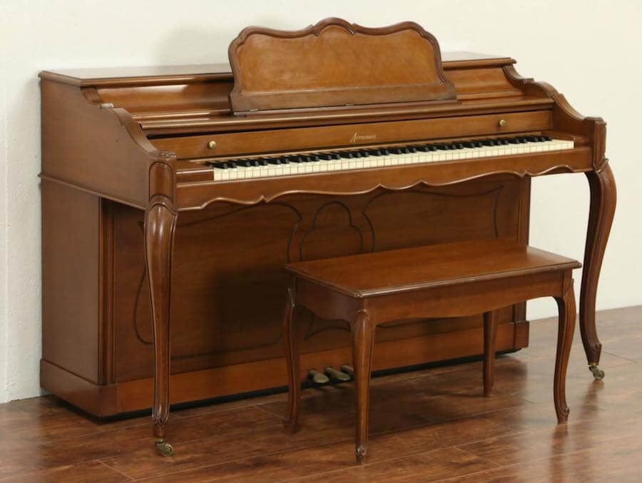A low-back Acrosonic spinet piano, with the cabinet just above the keyboard
