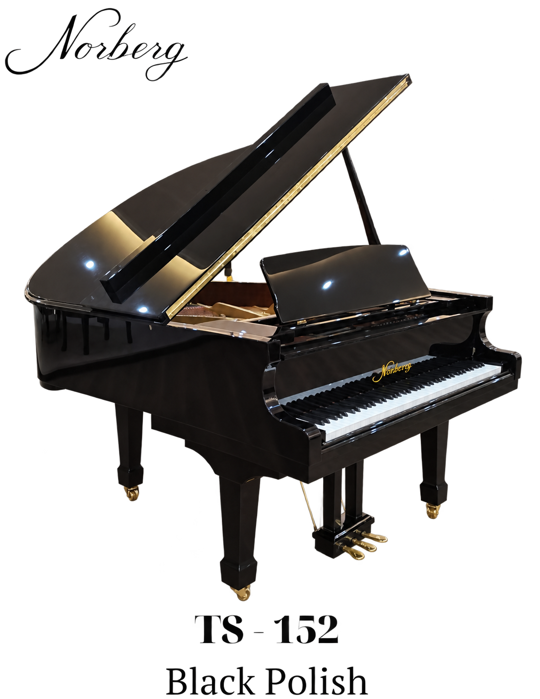 A grand piano with a curved horizontal body, open lid and three legs